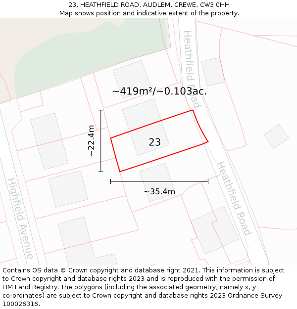 23, HEATHFIELD ROAD, AUDLEM, CREWE, CW3 0HH: Plot and title map