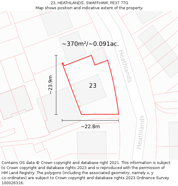 23, HEATHLANDS, SWAFFHAM, PE37 7TG: Plot and title map