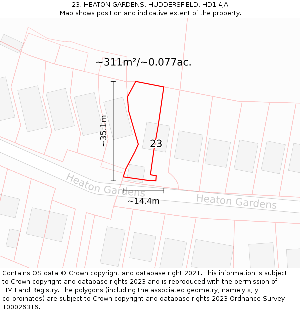 23, HEATON GARDENS, HUDDERSFIELD, HD1 4JA: Plot and title map
