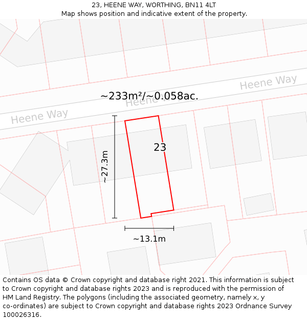 23, HEENE WAY, WORTHING, BN11 4LT: Plot and title map