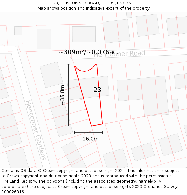 23, HENCONNER ROAD, LEEDS, LS7 3NU: Plot and title map