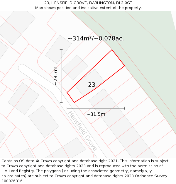 23, HENSFIELD GROVE, DARLINGTON, DL3 0GT: Plot and title map