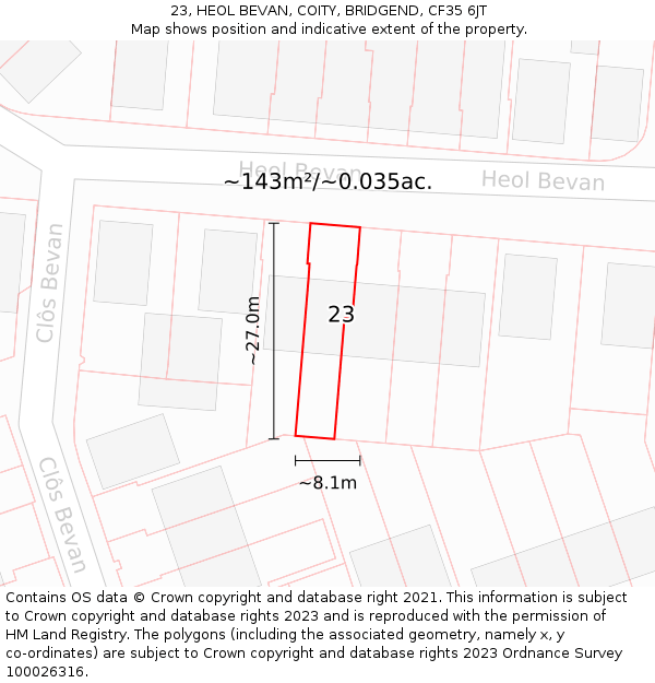23, HEOL BEVAN, COITY, BRIDGEND, CF35 6JT: Plot and title map