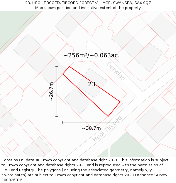 23, HEOL TIRCOED, TIRCOED FOREST VILLAGE, SWANSEA, SA4 9QZ: Plot and title map