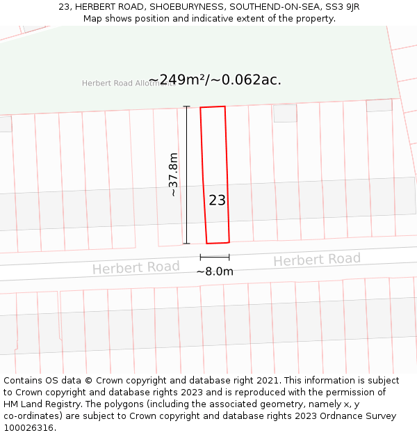 23, HERBERT ROAD, SHOEBURYNESS, SOUTHEND-ON-SEA, SS3 9JR: Plot and title map