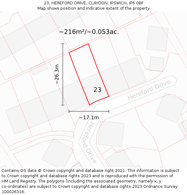 23, HEREFORD DRIVE, CLAYDON, IPSWICH, IP6 0BF: Plot and title map