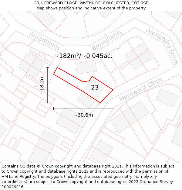 23, HEREWARD CLOSE, WIVENHOE, COLCHESTER, CO7 9SB: Plot and title map