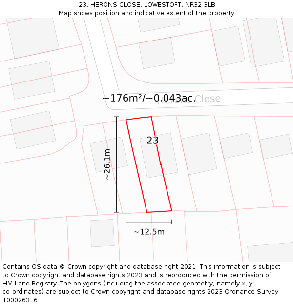 23, HERONS CLOSE, LOWESTOFT, NR32 3LB: Plot and title map