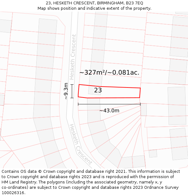 23, HESKETH CRESCENT, BIRMINGHAM, B23 7EQ: Plot and title map