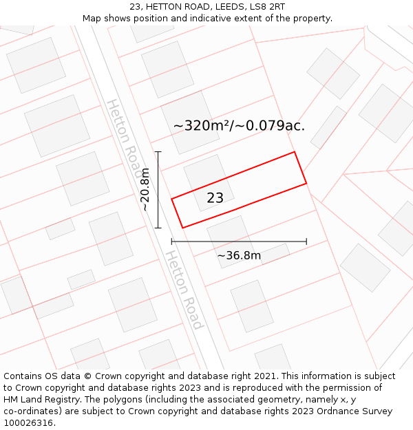 23, HETTON ROAD, LEEDS, LS8 2RT: Plot and title map