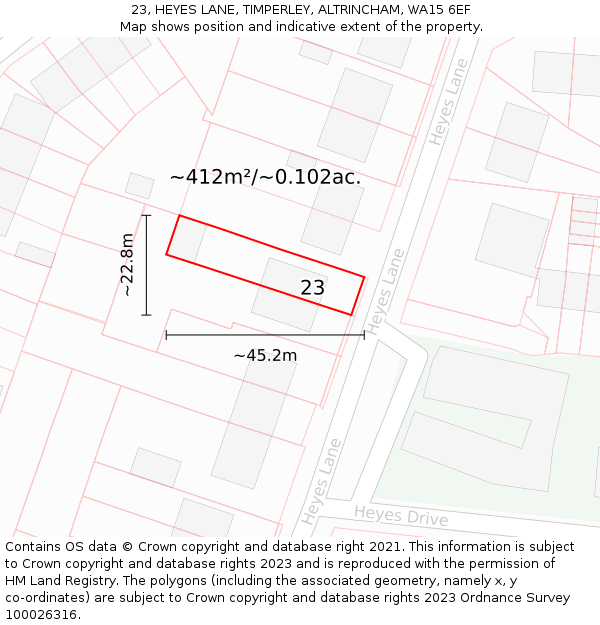 23, HEYES LANE, TIMPERLEY, ALTRINCHAM, WA15 6EF: Plot and title map