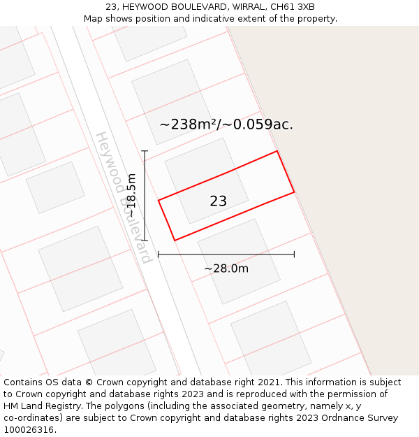 23, HEYWOOD BOULEVARD, WIRRAL, CH61 3XB: Plot and title map