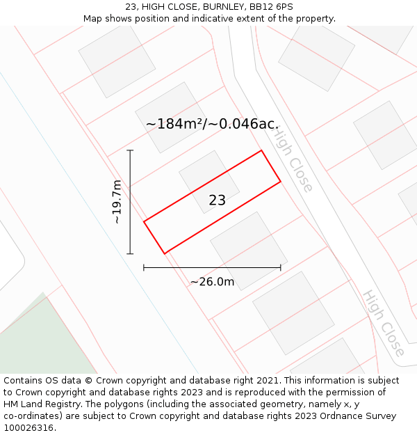 23, HIGH CLOSE, BURNLEY, BB12 6PS: Plot and title map