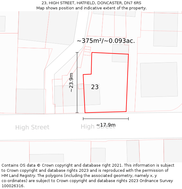 23, HIGH STREET, HATFIELD, DONCASTER, DN7 6RS: Plot and title map