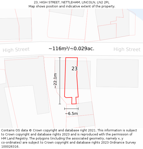 23, HIGH STREET, NETTLEHAM, LINCOLN, LN2 2PL: Plot and title map