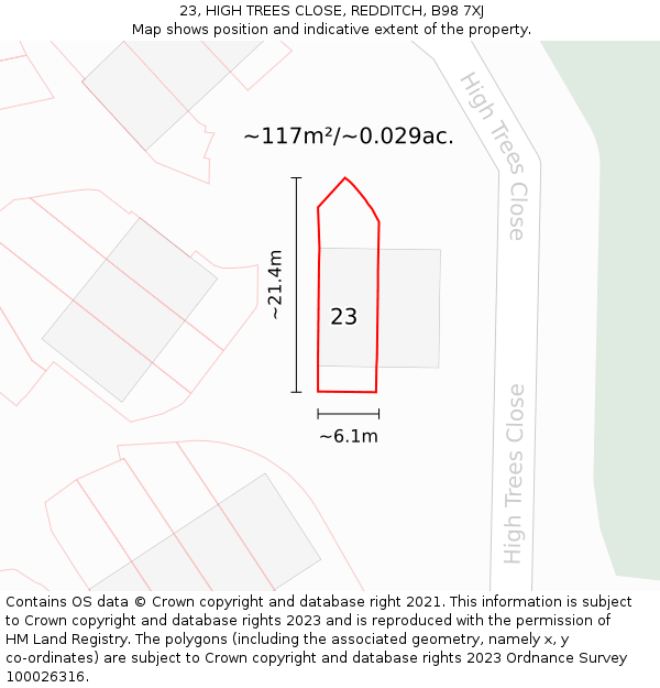 23, HIGH TREES CLOSE, REDDITCH, B98 7XJ: Plot and title map