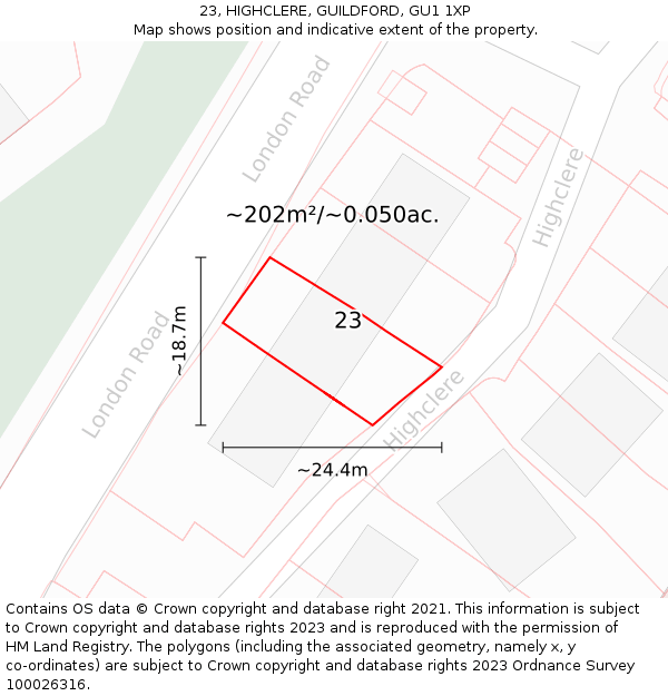 23, HIGHCLERE, GUILDFORD, GU1 1XP: Plot and title map