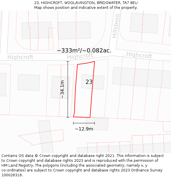 23, HIGHCROFT, WOOLAVINGTON, BRIDGWATER, TA7 8EU: Plot and title map