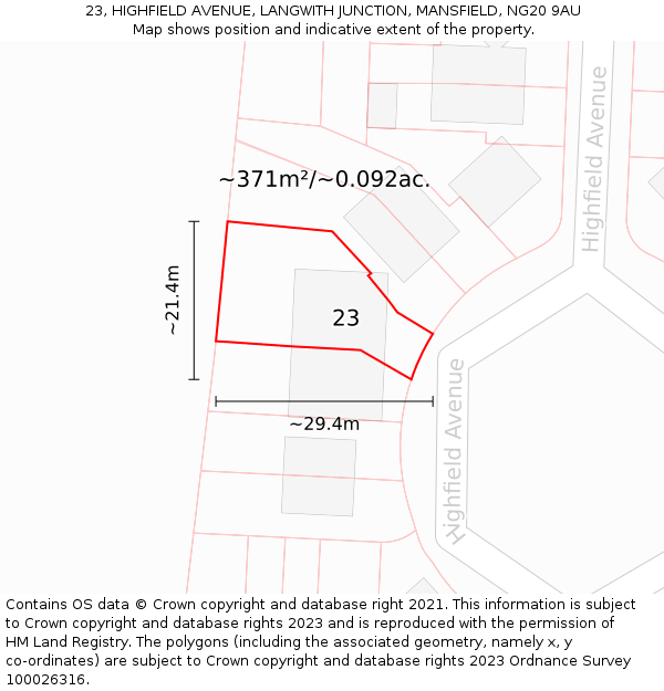23, HIGHFIELD AVENUE, LANGWITH JUNCTION, MANSFIELD, NG20 9AU: Plot and title map