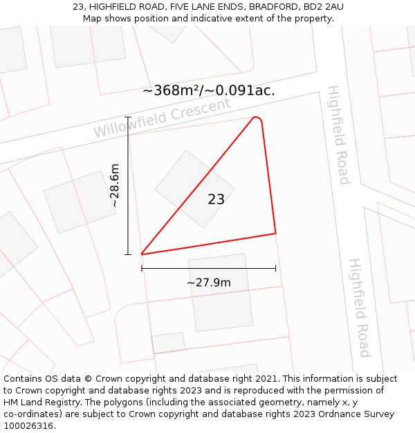 23, HIGHFIELD ROAD, FIVE LANE ENDS, BRADFORD, BD2 2AU: Plot and title map