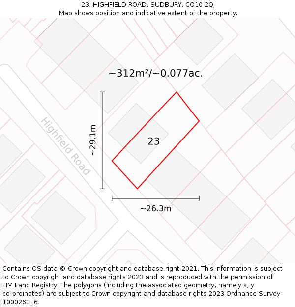23, HIGHFIELD ROAD, SUDBURY, CO10 2QJ: Plot and title map