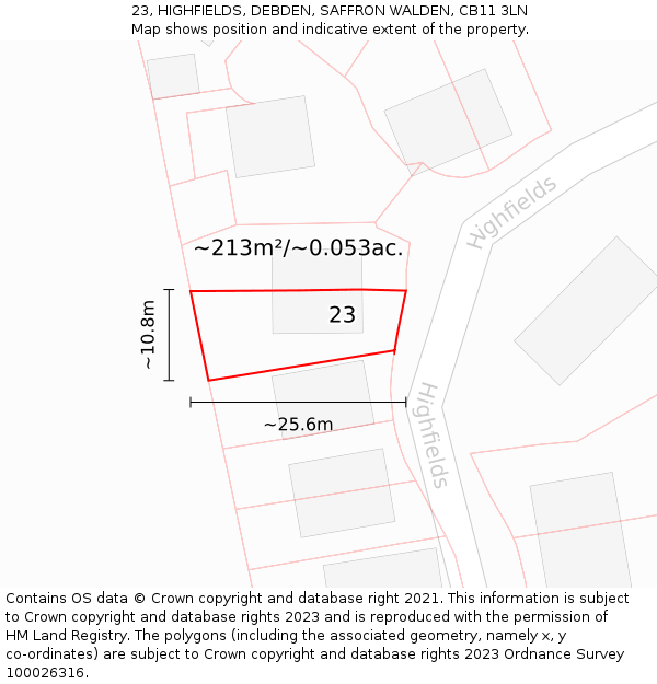 23, HIGHFIELDS, DEBDEN, SAFFRON WALDEN, CB11 3LN: Plot and title map