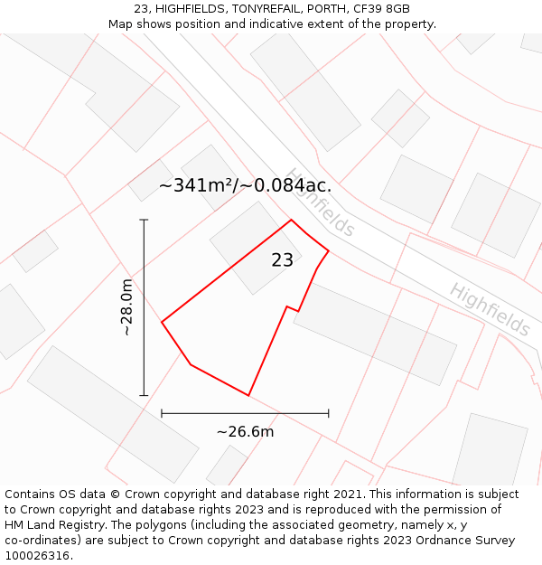 23, HIGHFIELDS, TONYREFAIL, PORTH, CF39 8GB: Plot and title map