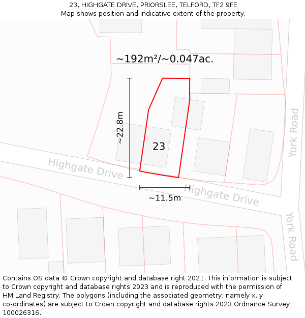 23, HIGHGATE DRIVE, PRIORSLEE, TELFORD, TF2 9FE: Plot and title map