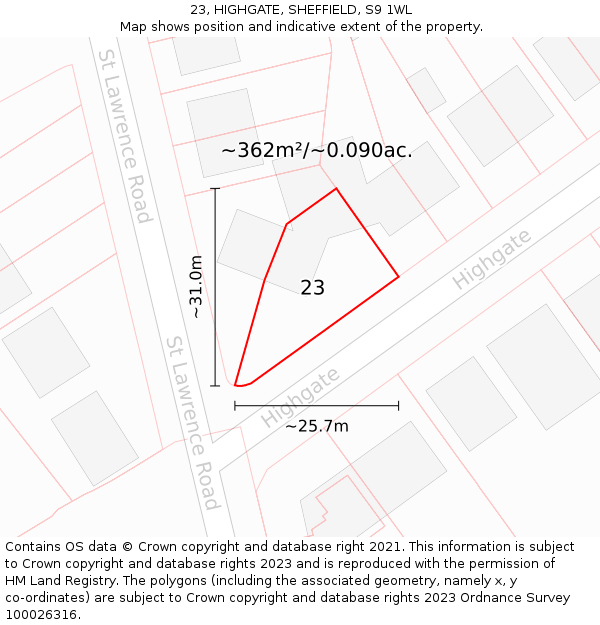23, HIGHGATE, SHEFFIELD, S9 1WL: Plot and title map