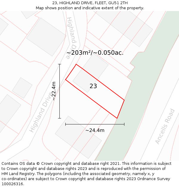 23, HIGHLAND DRIVE, FLEET, GU51 2TH: Plot and title map