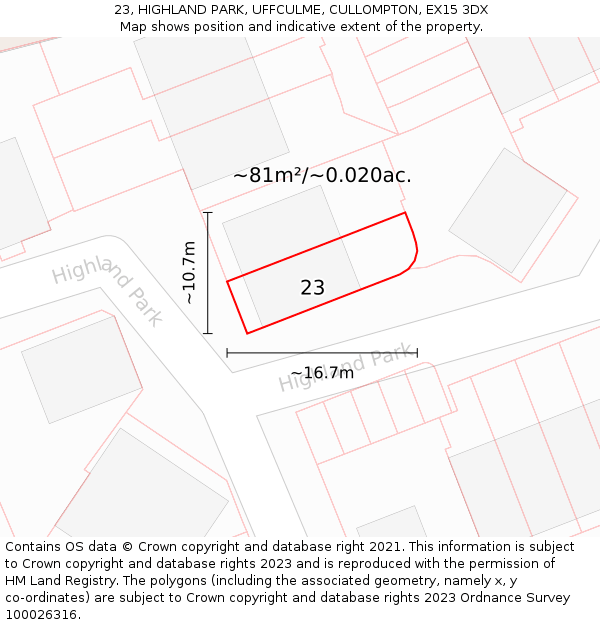 23, HIGHLAND PARK, UFFCULME, CULLOMPTON, EX15 3DX: Plot and title map