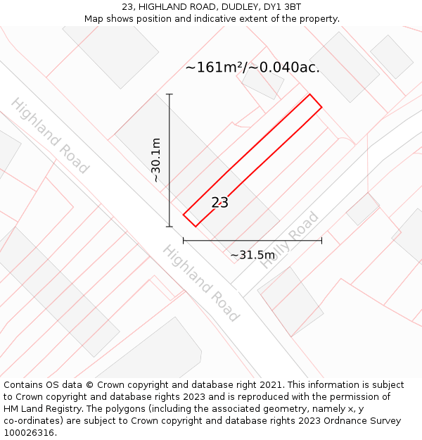 23, HIGHLAND ROAD, DUDLEY, DY1 3BT: Plot and title map