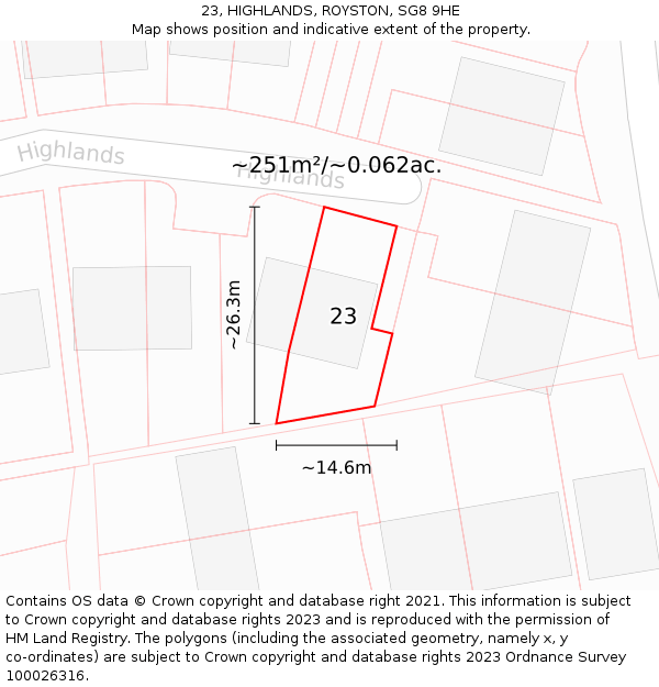 23, HIGHLANDS, ROYSTON, SG8 9HE: Plot and title map