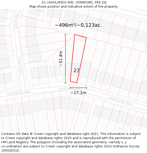 23, HIGHLANDS WAY, STAMFORD, PE9 2XJ: Plot and title map