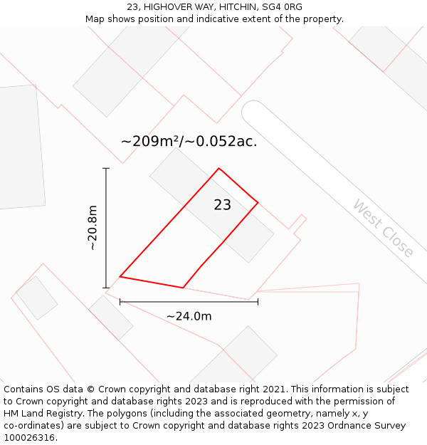 23, HIGHOVER WAY, HITCHIN, SG4 0RG: Plot and title map