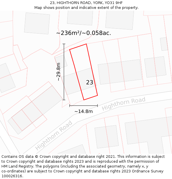 23, HIGHTHORN ROAD, YORK, YO31 9HF: Plot and title map