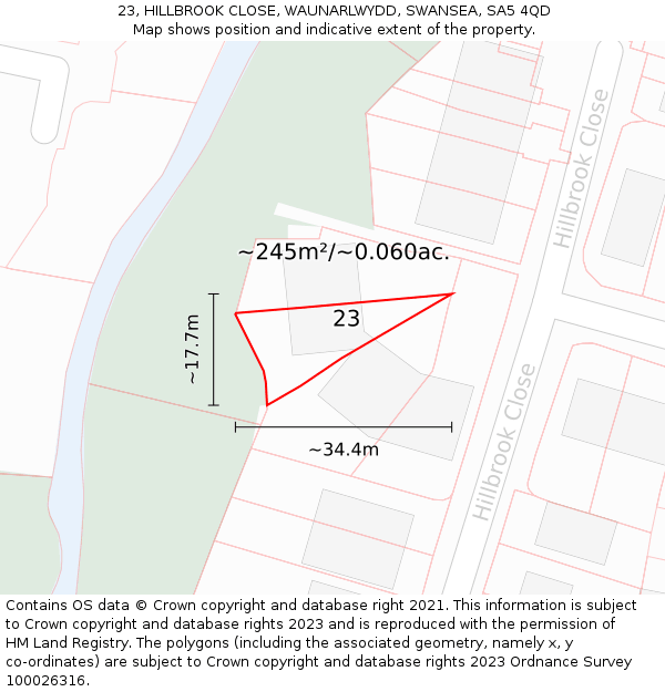 23, HILLBROOK CLOSE, WAUNARLWYDD, SWANSEA, SA5 4QD: Plot and title map