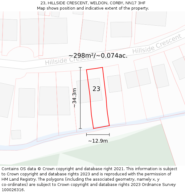 23, HILLSIDE CRESCENT, WELDON, CORBY, NN17 3HF: Plot and title map