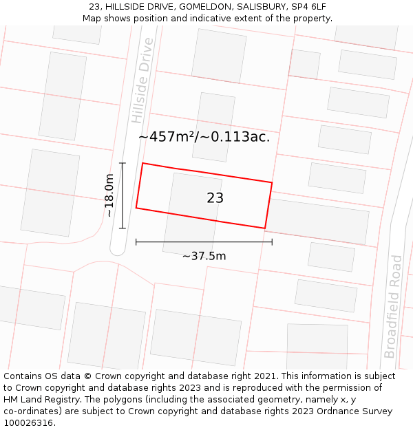 23, HILLSIDE DRIVE, GOMELDON, SALISBURY, SP4 6LF: Plot and title map