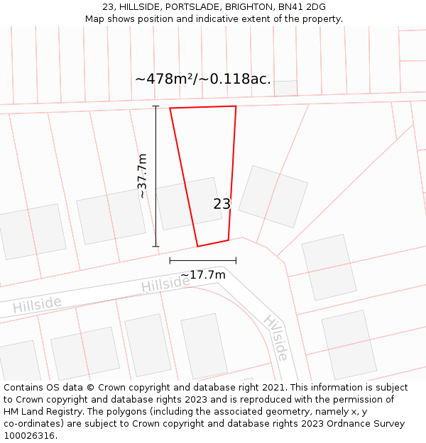 23, HILLSIDE, PORTSLADE, BRIGHTON, BN41 2DG: Plot and title map