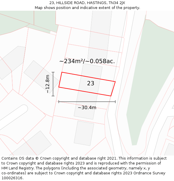 23, HILLSIDE ROAD, HASTINGS, TN34 2JX: Plot and title map