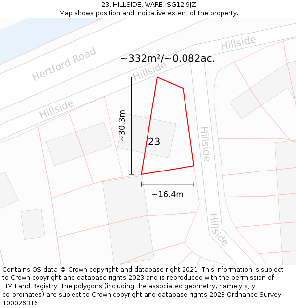 23, HILLSIDE, WARE, SG12 9JZ: Plot and title map