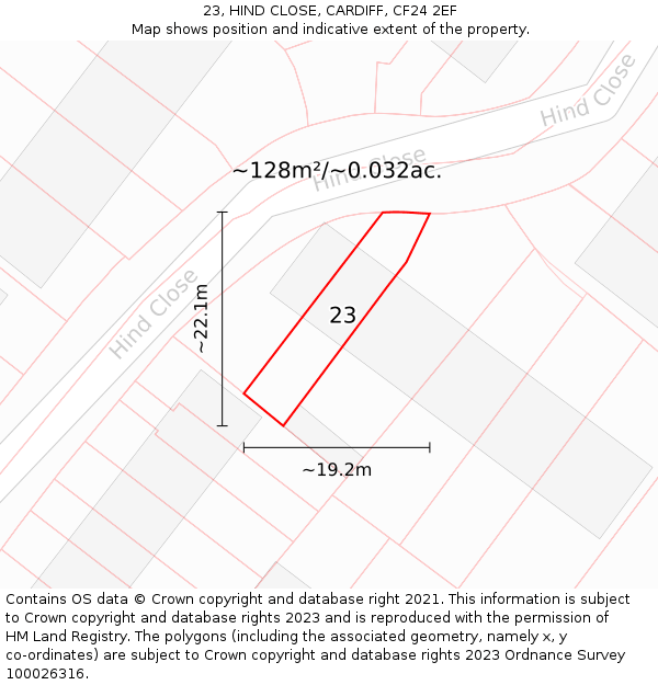 23, HIND CLOSE, CARDIFF, CF24 2EF: Plot and title map
