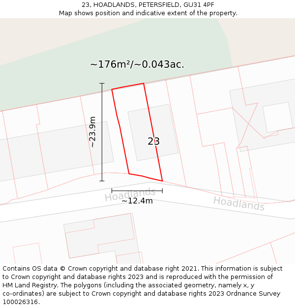 23, HOADLANDS, PETERSFIELD, GU31 4PF: Plot and title map