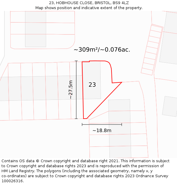 23, HOBHOUSE CLOSE, BRISTOL, BS9 4LZ: Plot and title map
