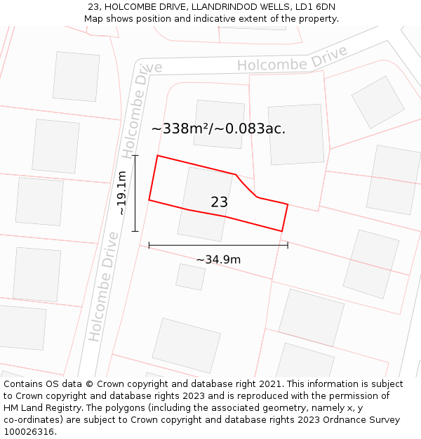 23, HOLCOMBE DRIVE, LLANDRINDOD WELLS, LD1 6DN: Plot and title map