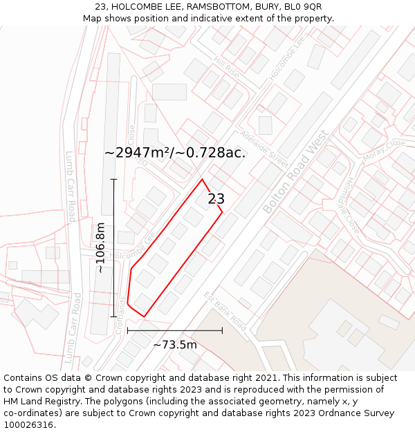 23, HOLCOMBE LEE, RAMSBOTTOM, BURY, BL0 9QR: Plot and title map