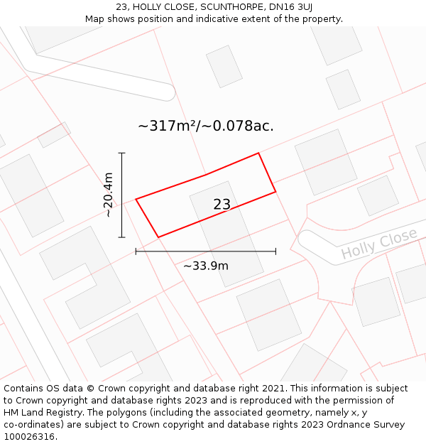 23, HOLLY CLOSE, SCUNTHORPE, DN16 3UJ: Plot and title map
