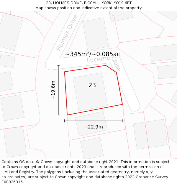 23, HOLMES DRIVE, RICCALL, YORK, YO19 6RT: Plot and title map