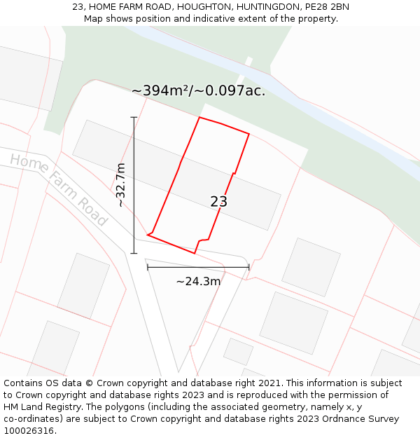 23, HOME FARM ROAD, HOUGHTON, HUNTINGDON, PE28 2BN: Plot and title map